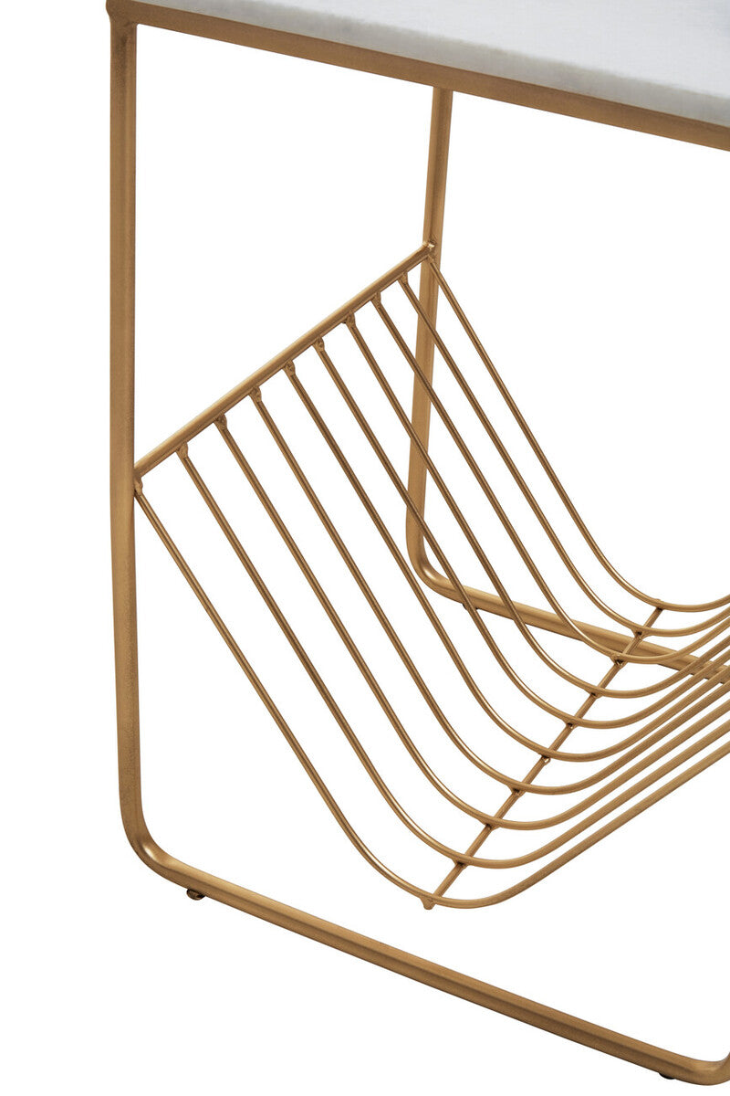 White Marble Top Side Table With Interconnected Gold Metal Frame & Open Rack Storage, Mandoli