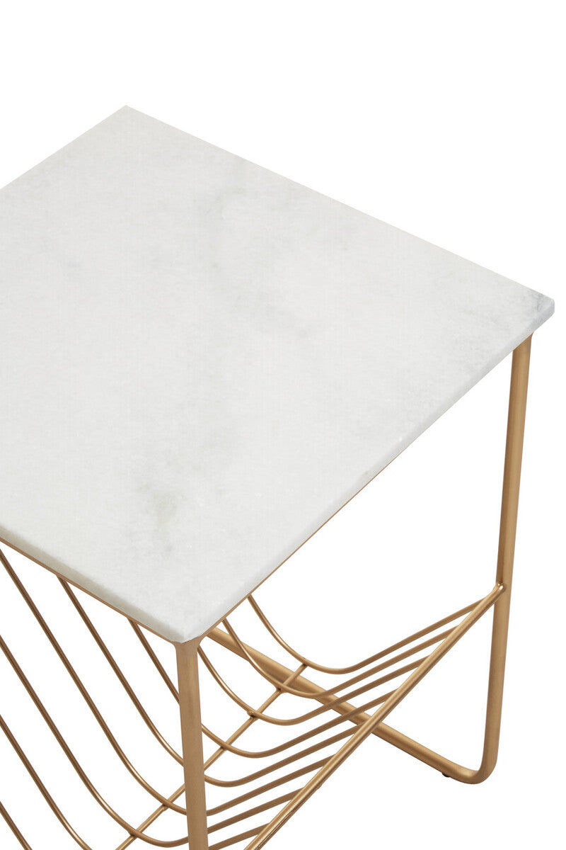 White Marble Top Side Table With Interconnected Gold Metal Frame & Open Rack Storage, Mandoli