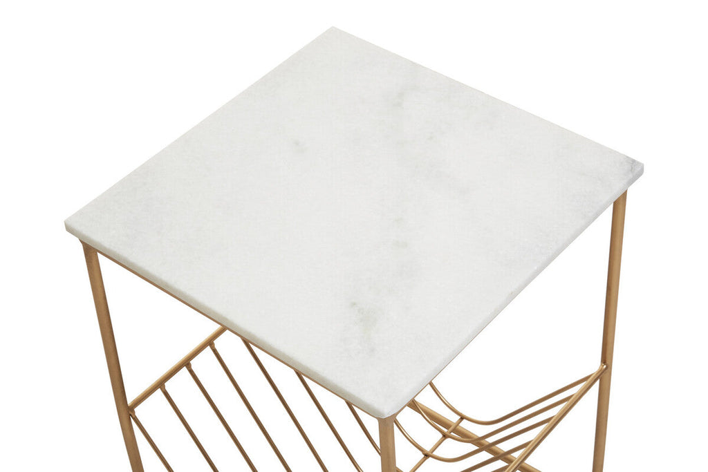 White Marble Top Side Table With Interconnected Gold Metal Frame & Open Rack Storage, Mandoli
