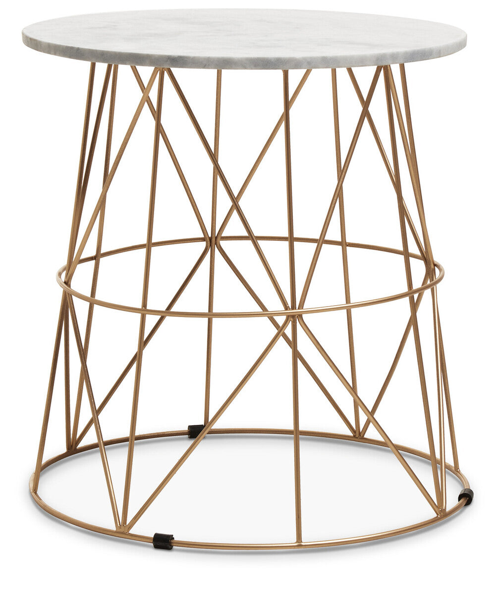 White Marble Top Round Side Table With Gold Cage Metal Frame, Mandoli