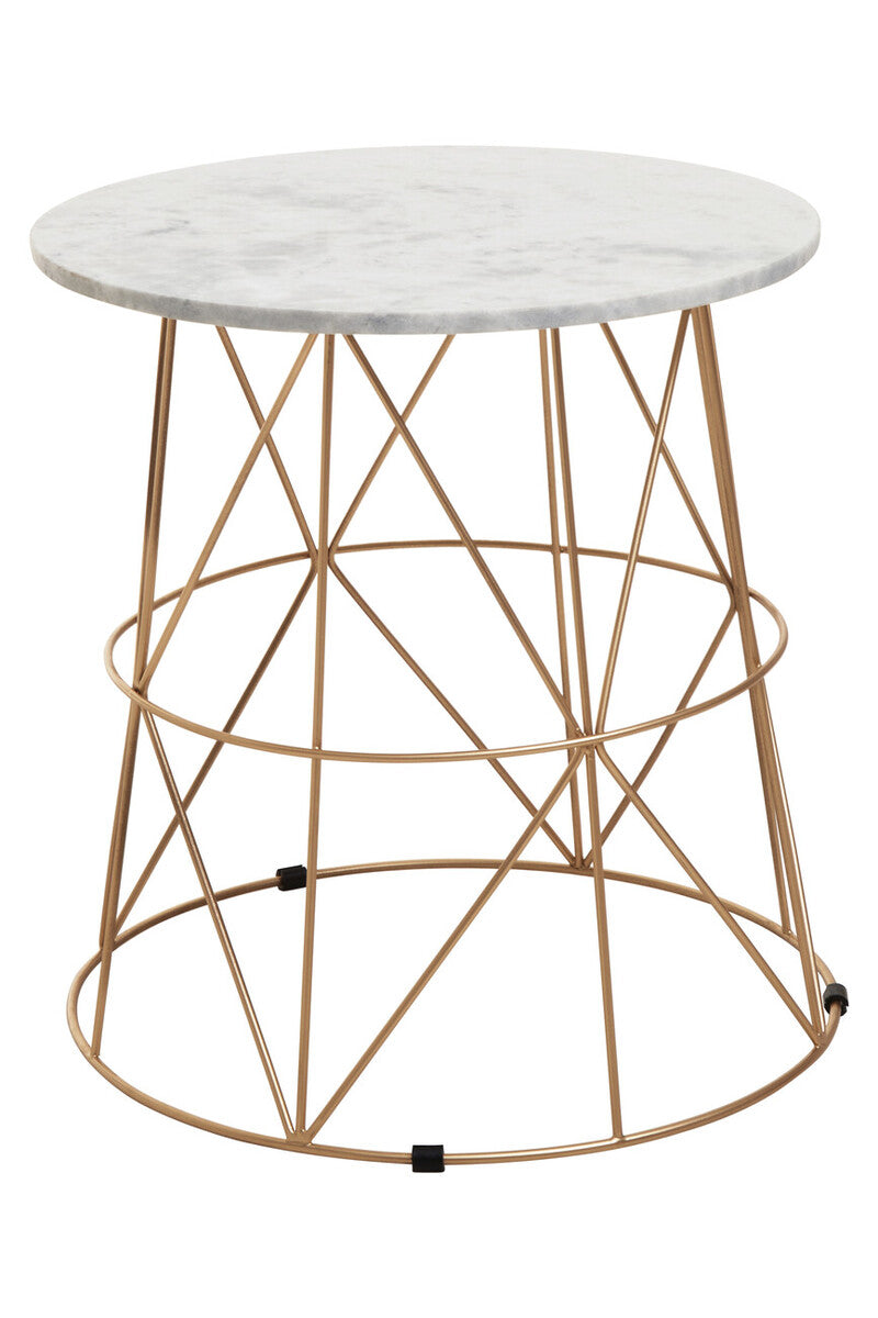 White Marble Top Round Side Table With Gold Cage Metal Frame, Mandoli
