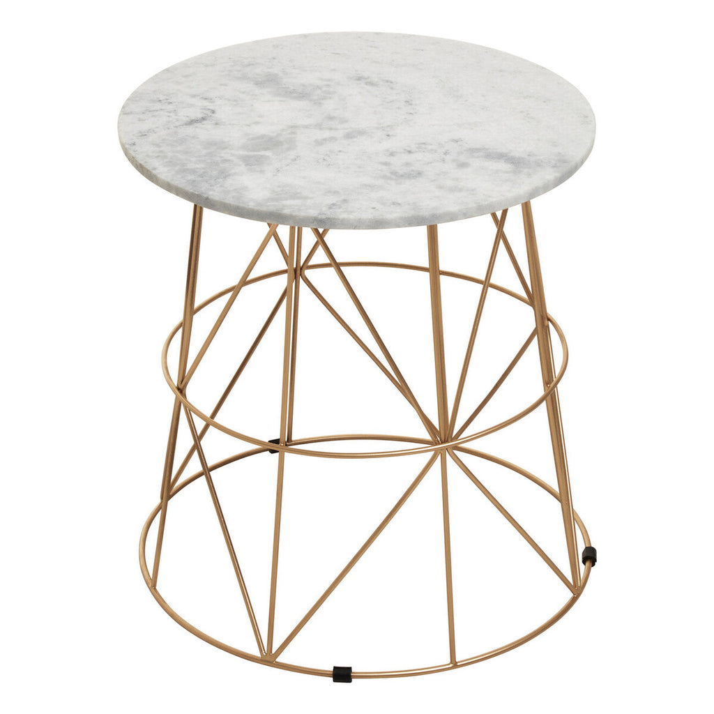 White Marble Top Round Side Table With Gold Cage Metal Frame, Mandoli