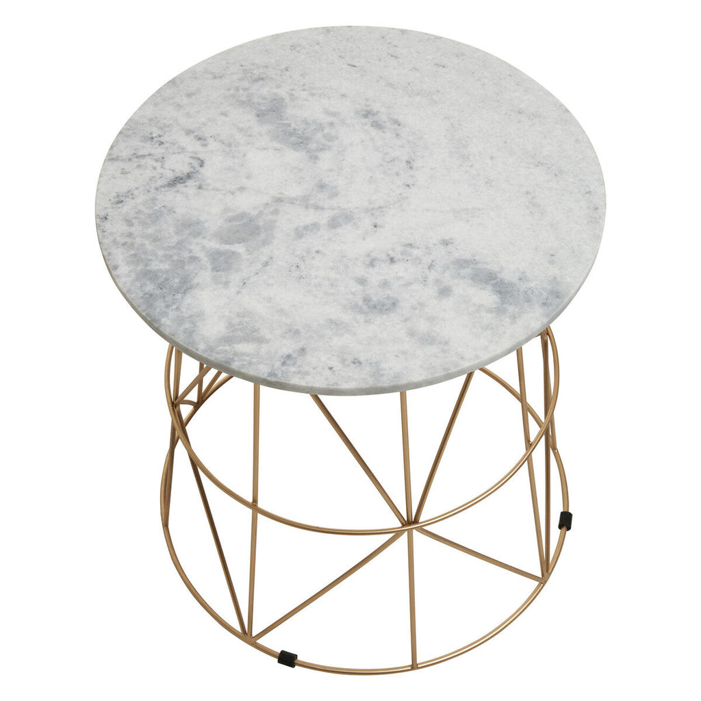 White Marble Top Round Side Table With Gold Cage Metal Frame, Mandoli