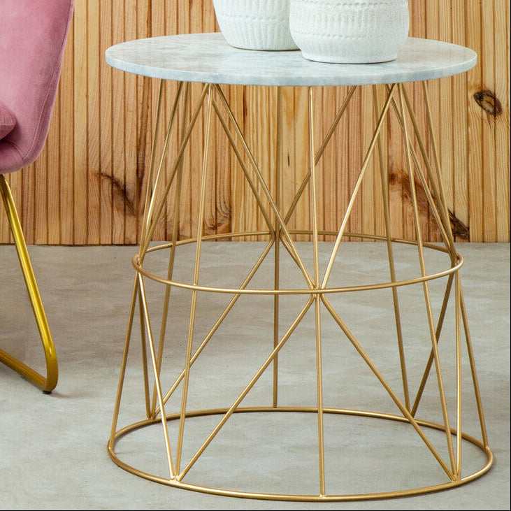 White Marble Top Round Side Table With Gold Cage Metal Frame, Mandoli