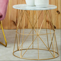 White Marble Top Round Side Table With Gold Cage Metal Frame, Mandoli