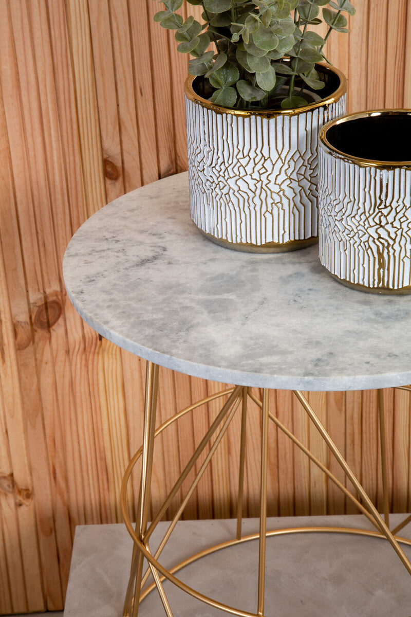 White Marble Top Round Side Table With Gold Cage Metal Frame, Mandoli