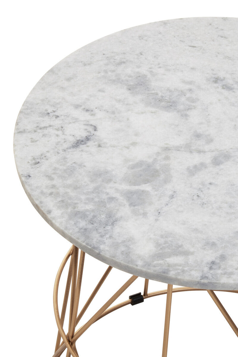White Marble Top Round Side Table With Gold Cage Metal Frame, Mandoli