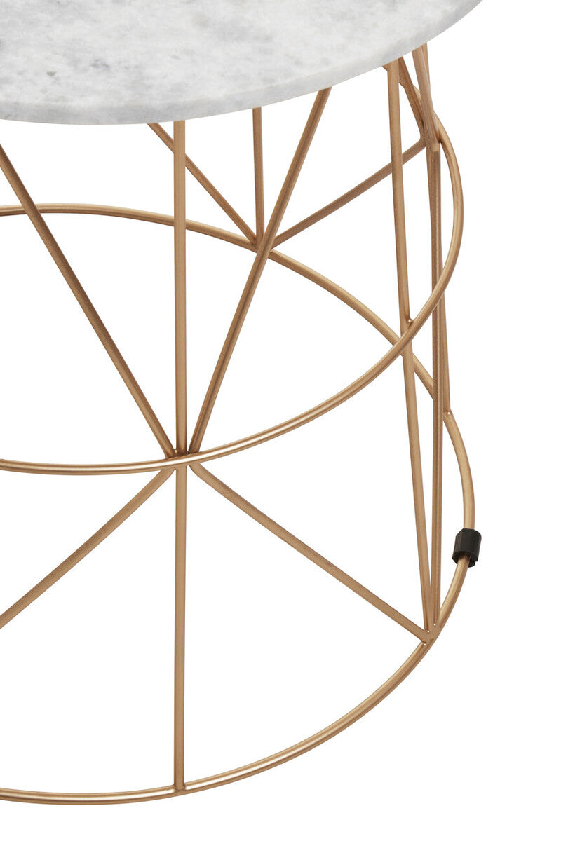 White Marble Top Round Side Table With Gold Cage Metal Frame, Mandoli