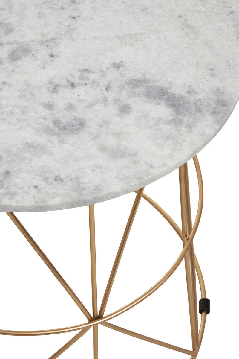 White Marble Top Round Side Table With Gold Cage Metal Frame, Mandoli