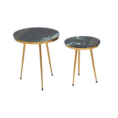 Set Of 2 Green Marble Top Side Tables With Gold Inlay & Tapered Metal Legs, Nirav