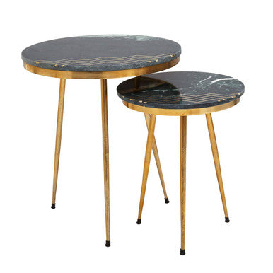 Set Of 2 Green Marble Top Side Tables With Gold Inlay & Tapered Metal Legs, Nirav