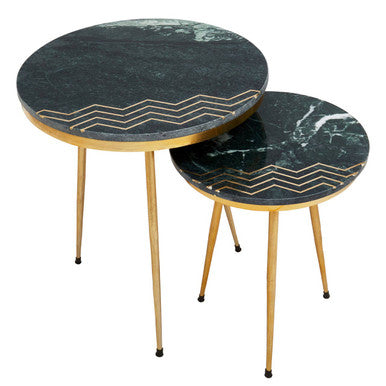 Set Of 2 Green Marble Top Side Tables With Gold Inlay & Tapered Metal Legs, Nirav