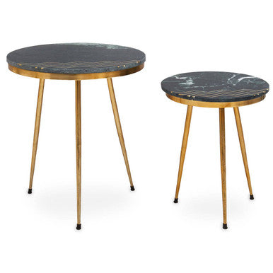 Set Of 2 Green Marble Top Side Tables With Gold Inlay & Tapered Metal Legs, Nirav