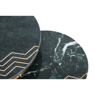 Set Of 2 Green Marble Top Side Tables With Gold Inlay & Tapered Metal Legs, Nirav