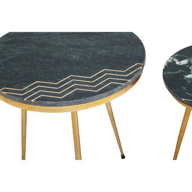 Set Of 2 Green Marble Top Side Tables With Gold Inlay & Tapered Metal Legs, Nirav