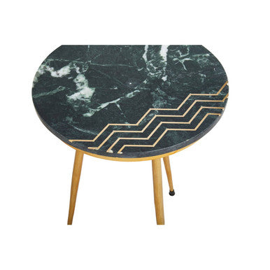 Set Of 2 Green Marble Top Side Tables With Gold Inlay & Tapered Metal Legs, Nirav