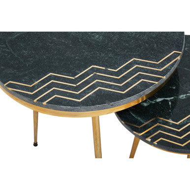 Set Of 2 Green Marble Top Side Tables With Gold Inlay & Tapered Metal Legs, Nirav