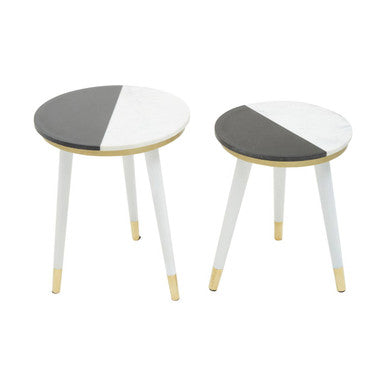 Set Of 2 Black & White Marble Side Tables With White Legs & Gold Base Detailing, Nirav