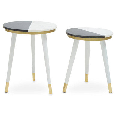 Set Of 2 Black & White Marble Side Tables With White Legs & Gold Base Detailing, Nirav