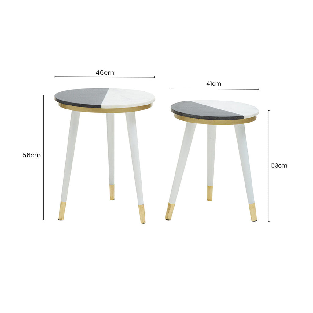 Set Of 2 Black & White Marble Side Tables With White Legs & Gold Base Detailing, Nirav