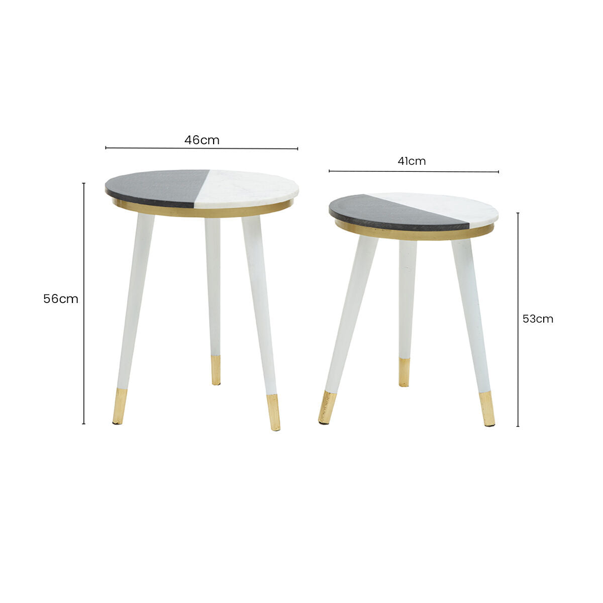 Set Of 2 Black & White Marble Side Tables With White Legs & Gold Base Detailing, Nirav
