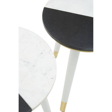 Set Of 2 Black & White Marble Side Tables With White Legs & Gold Base Detailing, Nirav