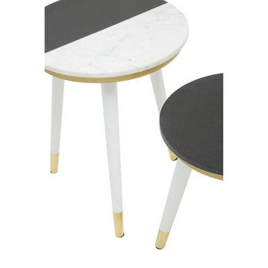 Set Of 2 Black & White Marble Side Tables With White Legs & Gold Base Detailing, Nirav