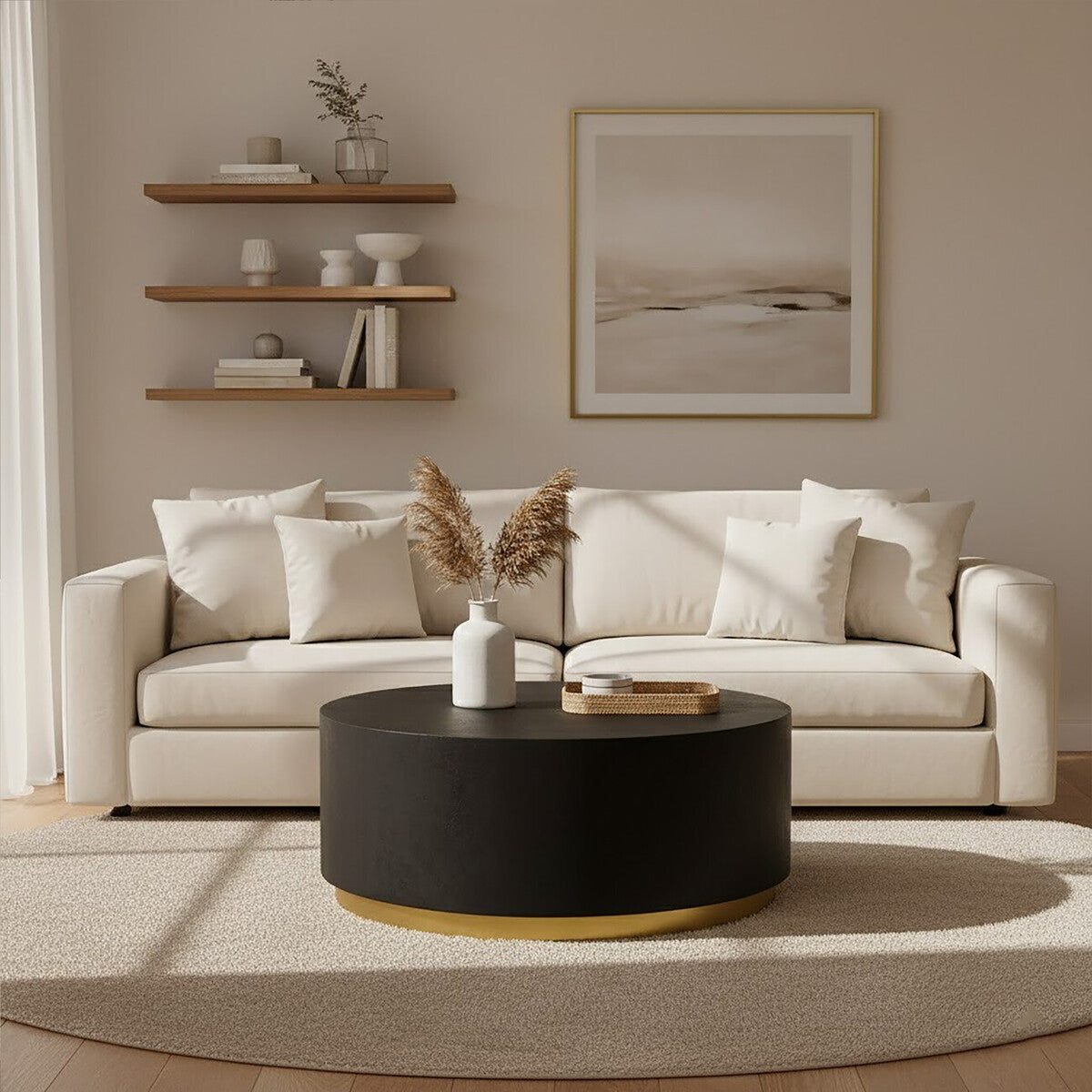 Black Concrete Wood Coffee Table With Luxe Gold Metal Frame, Naro