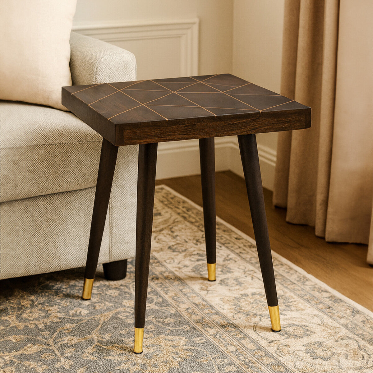 Dark Brown Mango Wood Square Side Table With Gold Tip Legs, Naro