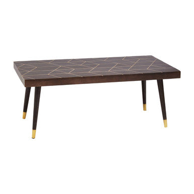 Brown Mango Wood Rectangular Coffee Table With Gold Tip Legs & Geometric Gold Lines On Top, Naro