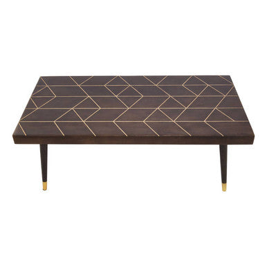 Brown Mango Wood Rectangular Coffee Table With Gold Tip Legs & Geometric Gold Lines On Top, Naro