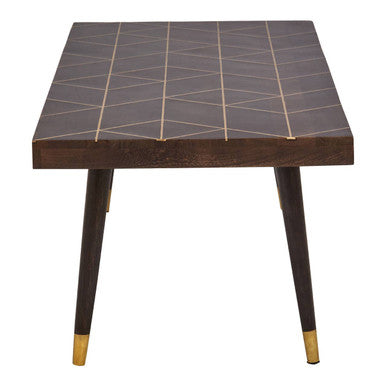 Brown Mango Wood Rectangular Coffee Table With Gold Tip Legs & Geometric Gold Lines On Top, Naro