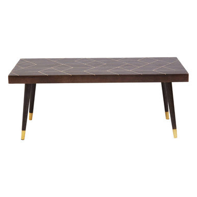 Brown Mango Wood Rectangular Coffee Table With Gold Tip Legs & Geometric Gold Lines On Top, Naro