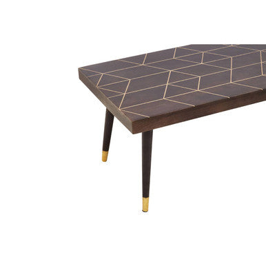 Brown Mango Wood Rectangular Coffee Table With Gold Tip Legs & Geometric Gold Lines On Top, Naro