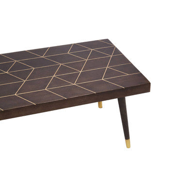 Brown Mango Wood Rectangular Coffee Table With Gold Tip Legs & Geometric Gold Lines On Top, Naro