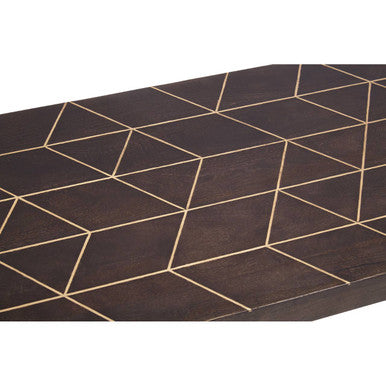 Brown Mango Wood Rectangular Coffee Table With Gold Tip Legs & Geometric Gold Lines On Top, Naro