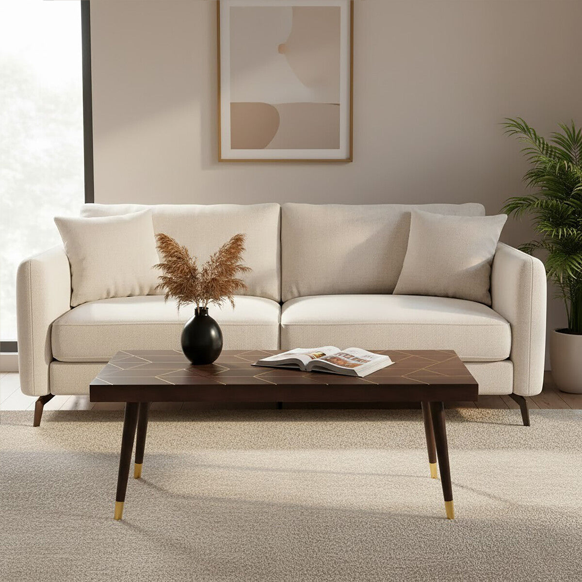 Brown Mango Wood Rectangular Coffee Table With Gold Tip Legs & Geometric Gold Lines On Top, Naro