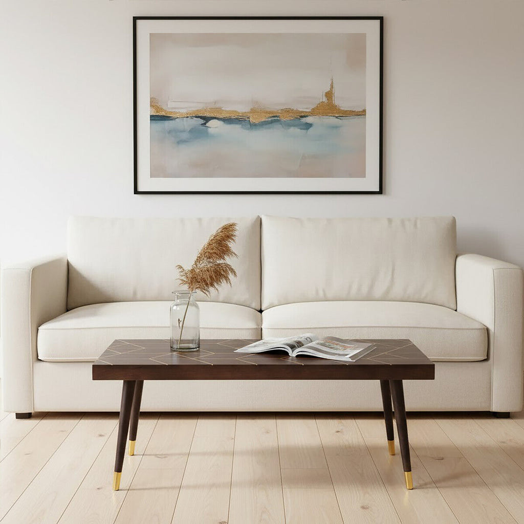 Brown Mango Wood Rectangular Coffee Table With Gold Tip Legs & Geometric Gold Lines On Top, Naro