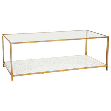 Glass Top Coffee Table With White Terrazzo Shelf & Gold Metal Frame, Novi