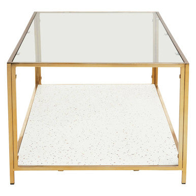Glass Top Coffee Table With White Terrazzo Shelf & Gold Metal Frame, Novi