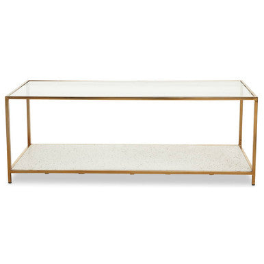 Glass Top Coffee Table With White Terrazzo Shelf & Gold Metal Frame, Novi