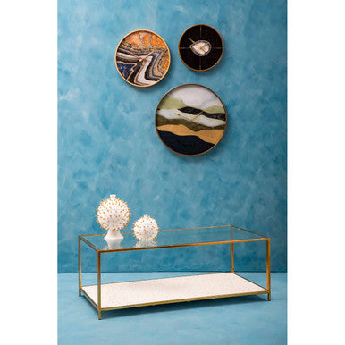 Glass Top Coffee Table With White Terrazzo Shelf & Gold Metal Frame, Novi