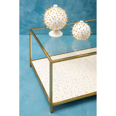 Glass Top Coffee Table With White Terrazzo Shelf & Gold Metal Frame, Novi