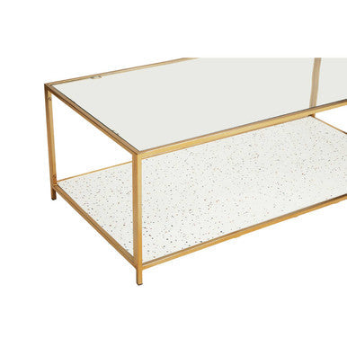 Glass Top Coffee Table With White Terrazzo Shelf & Gold Metal Frame, Novi