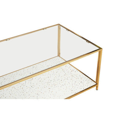Glass Top Coffee Table With White Terrazzo Shelf & Gold Metal Frame, Novi