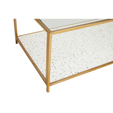 Glass Top Coffee Table With White Terrazzo Shelf & Gold Metal Frame, Novi