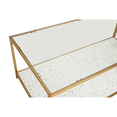 Glass Top Coffee Table With White Terrazzo Shelf & Gold Metal Frame, Novi
