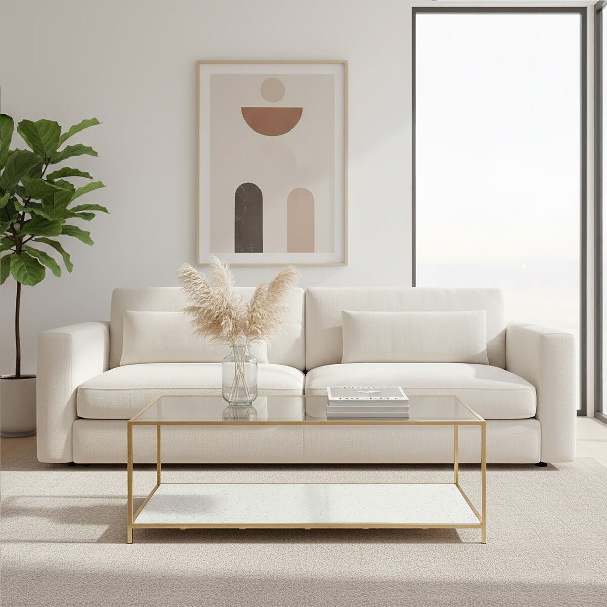 Glass Top Coffee Table With White Terrazzo Shelf & Gold Metal Frame, Novi