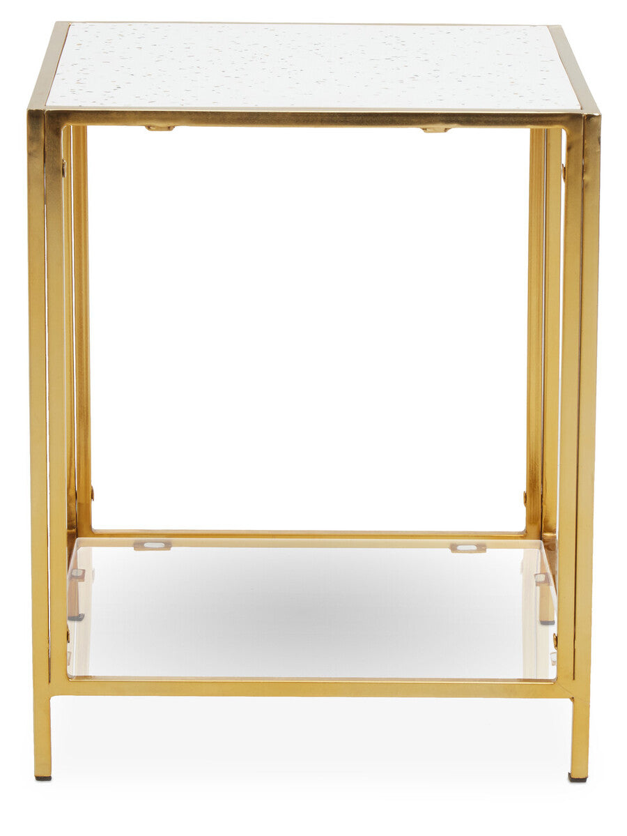 Glass Top Side Table With White Terrazzo Shelf & Gold Metal Frame, Novi