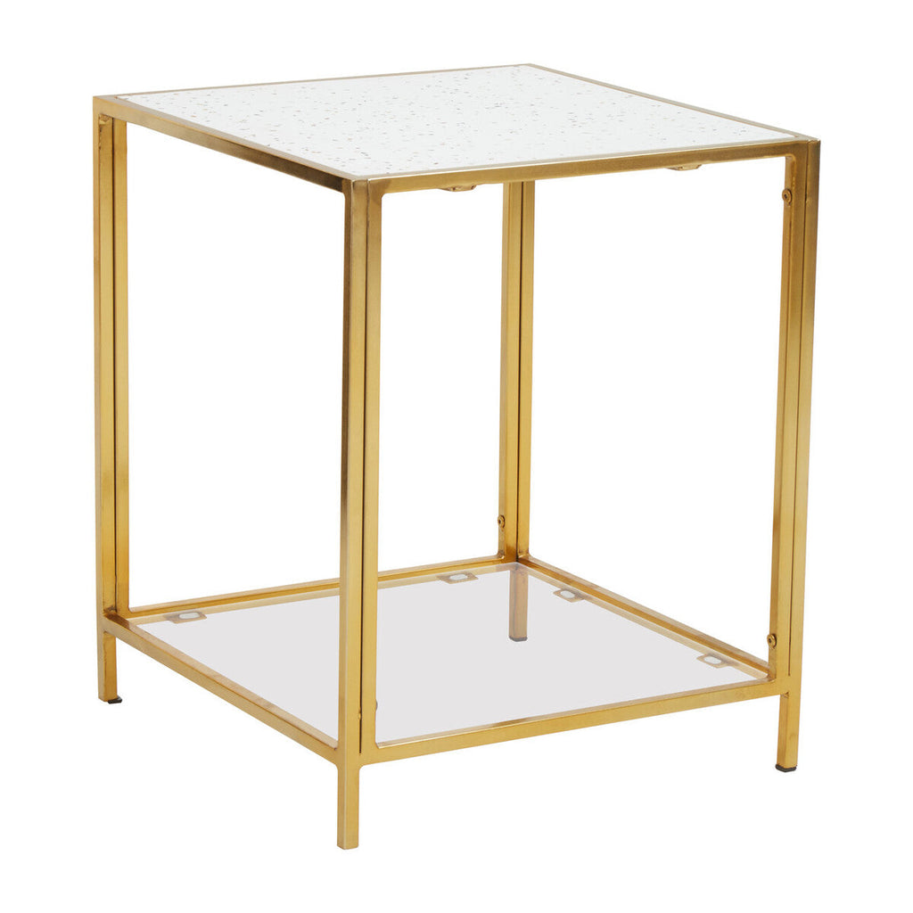 Glass Top Side Table With White Terrazzo Shelf & Gold Metal Frame, Novi